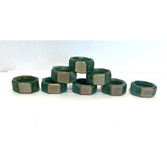 Set Of 8 Handmade Ceramic Napkin Rings Blue-Green Tones Glossy Finish Studio Art - Picture 2 of 8